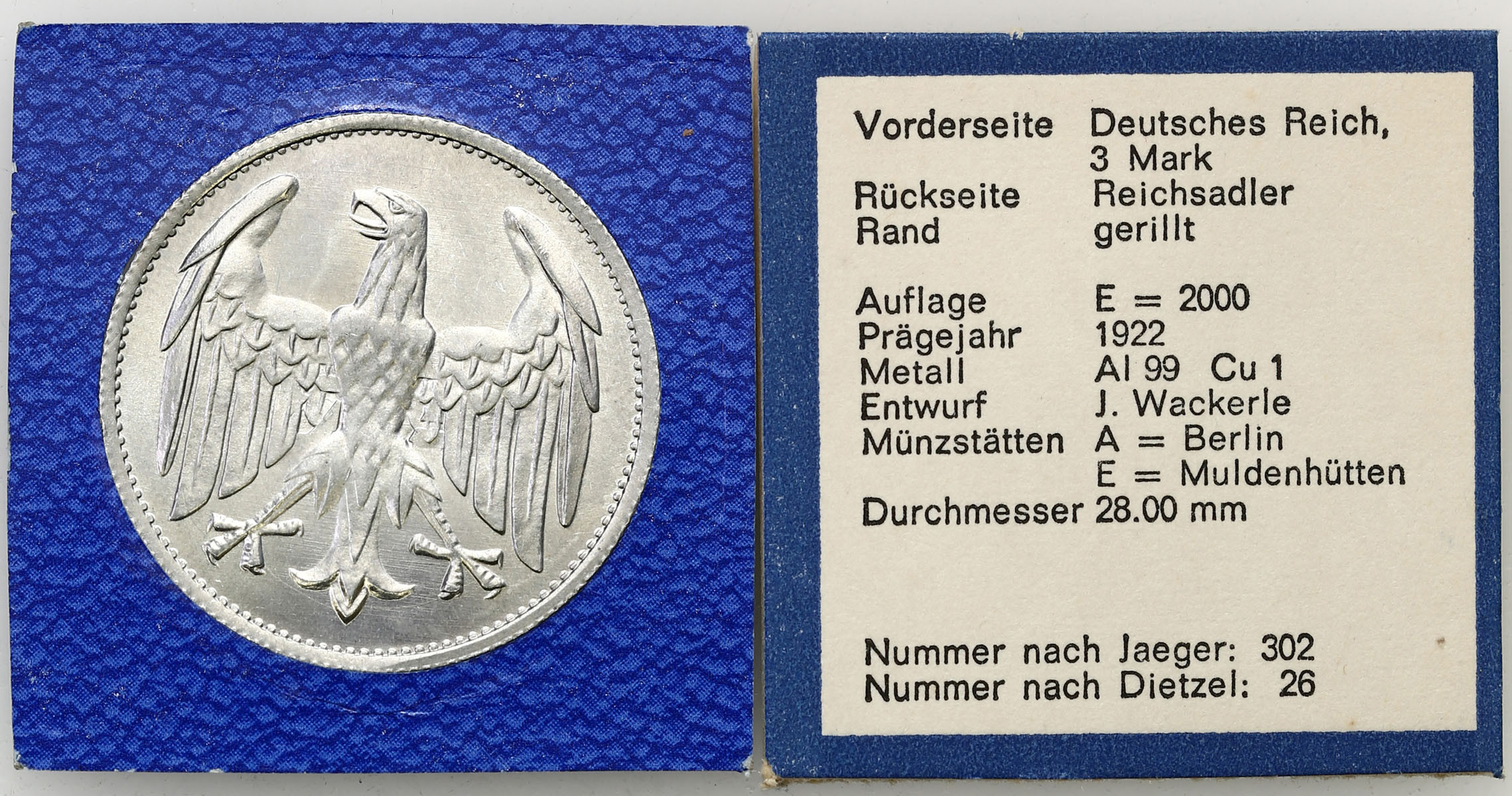 Niemcy Weimar 3 Marki 1922 A, RZADKIE - NAKŁAD 2000 sztuk
